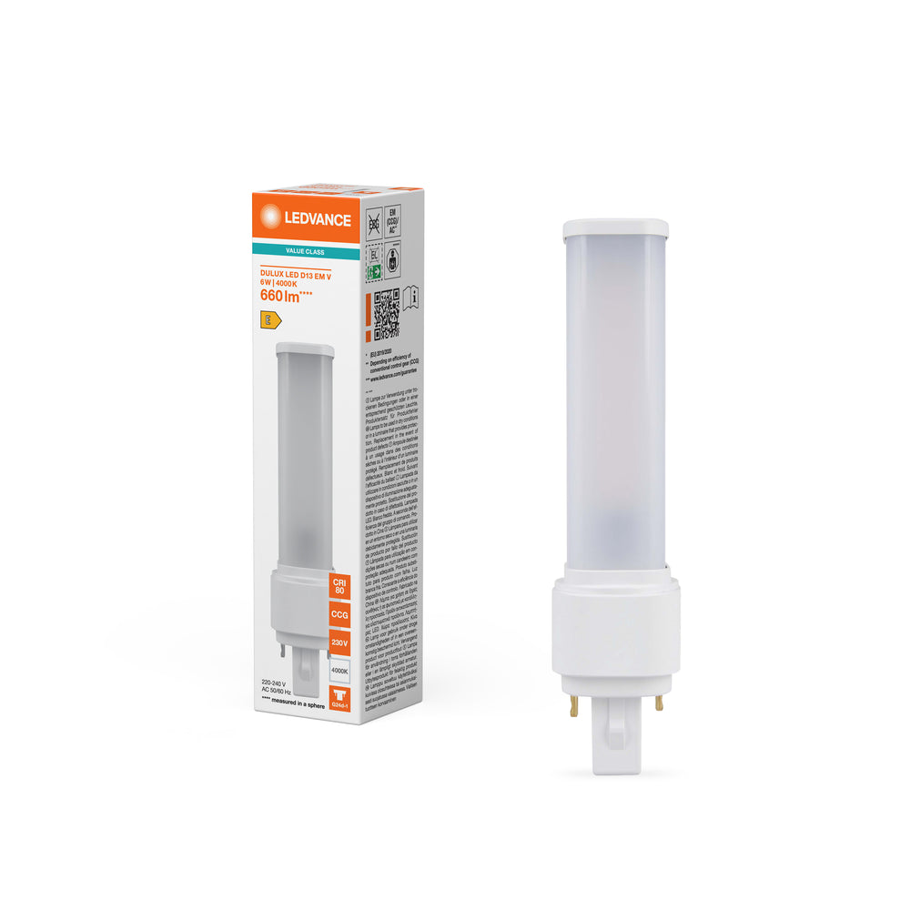 LED PL-C Dulux-D D/E 6W 660 Lumen 4000K Kaltweiß G24d-1 2-Pin 230V Ersatz für 13W