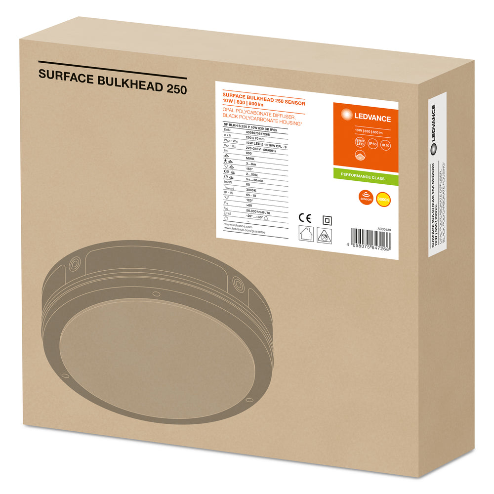 LED Wall Lamp Bulkhead with Sensor, 10W 800 lumens, 3000K Warm White, IP65 IK10, Black Ø250MM