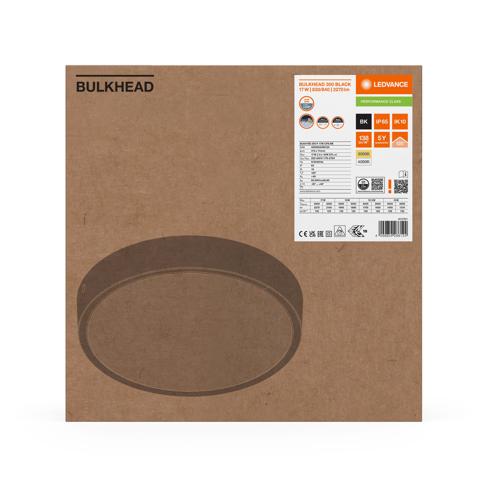 Ledvance LED Bulkhead Round 300mm 17W IP65 IK10 2270 lumens 3000K 4000K Black Surface Mount Outdoor Light