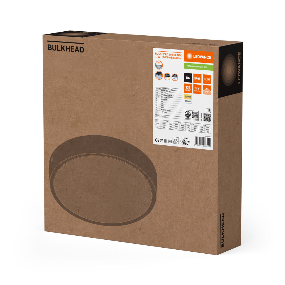 Ledvance LED Bulkhead Round 300mm 17W IP65 IK10 2270 lumens 3000K 4000K Black Surface Mount Outdoor Light