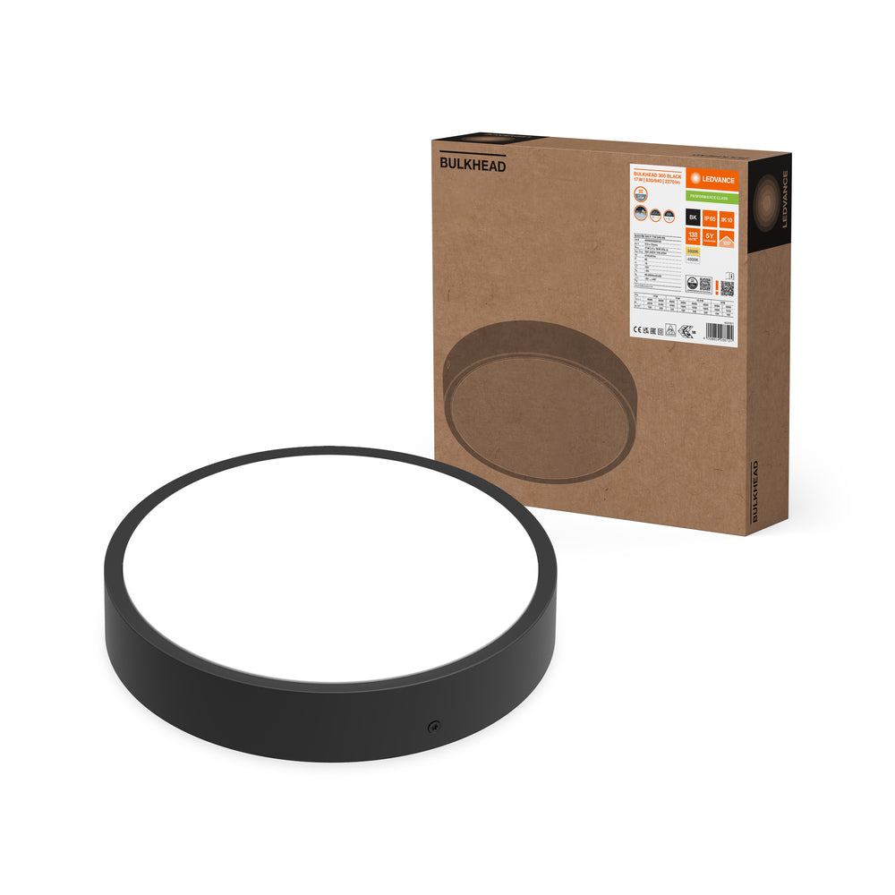 Ledvance LED Bulkhead Round 300mm 17W IP65 IK10 2270 lumens 3000K 4000K Black Surface Mount Outdoor Light