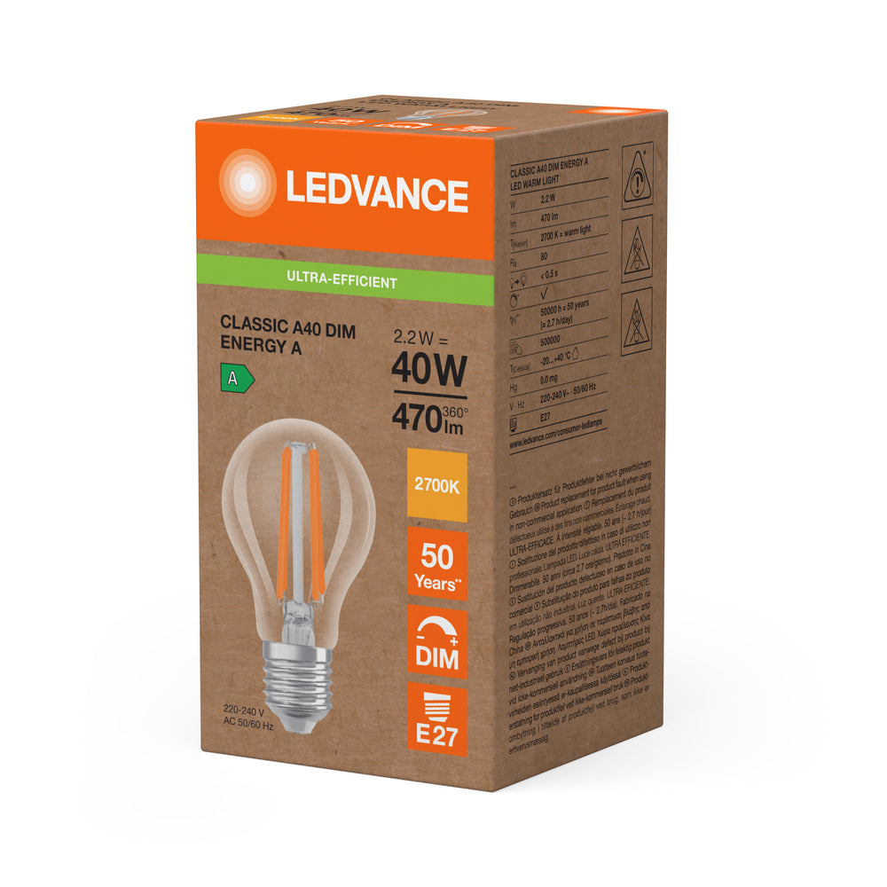 Ledvance LED Classic A E27 Lampe 2,2W 2700K dimmbar 470 Lumen klares Glas 40W Ersatz warmweiß