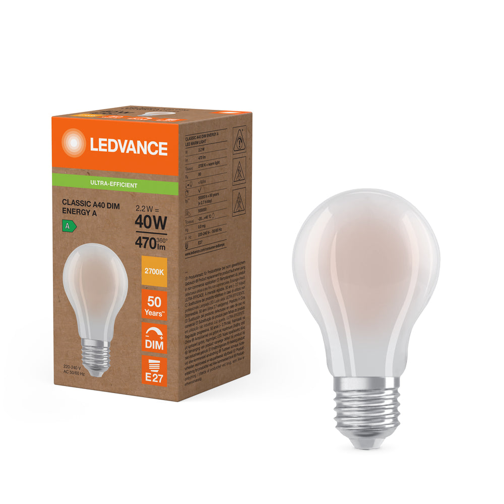 Ledvance LED Classic A Frosted E27 Dimmable Bulb 2.2W 2700K 470 lumens 220-240V Energy Class A