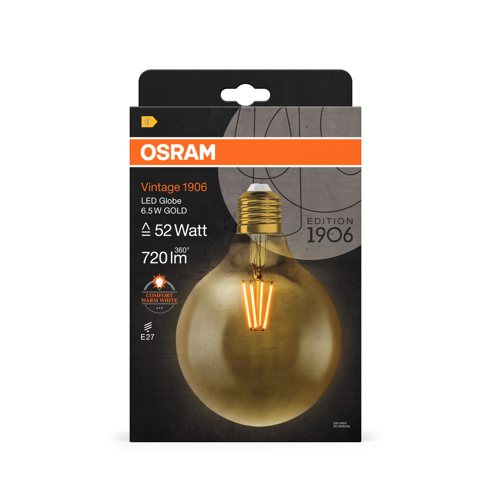Ledvance Vintage 1906 LED Globe 6.5W E27 2400K Gold Glas Glühbirne 720 Lumen 220-240V IP20 124mm