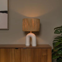 Lucide LED table lamp Ronda with E27 socket, rattan shade, ceramic base, 28x28x45cm White for indoor use
