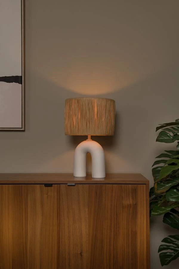Lucide LED table lamp Ronda with E27 socket, rattan shade, ceramic base, 28x28x45cm White for indoor use