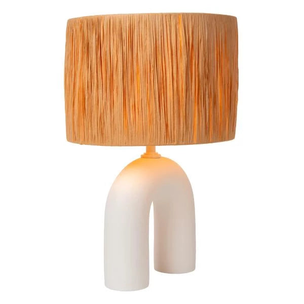 Lucide LED table lamp Ronda with E27 socket, rattan shade, ceramic base, 28x28x45cm White for indoor use