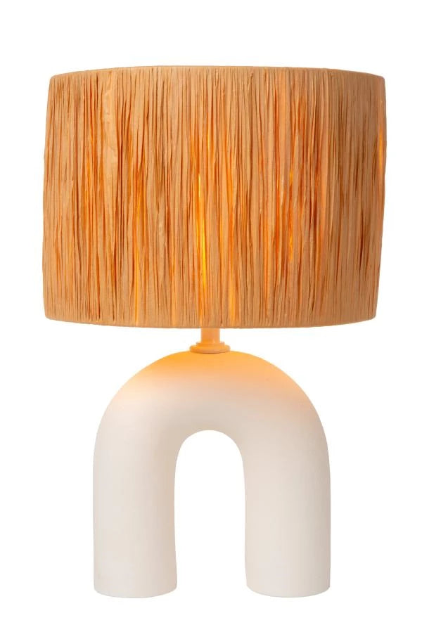 Lucide LED table lamp Ronda with E27 socket, rattan shade, ceramic base, 28x28x45cm White for indoor use