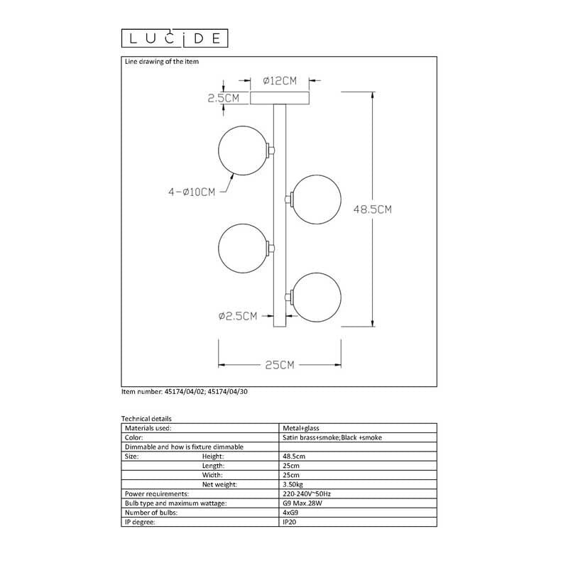 Lucide TYCHO LED Deckenleuchte 4xG9 Fassungen 220-240V Ø25cm Sandmessing & Schwarz Vintage Design
