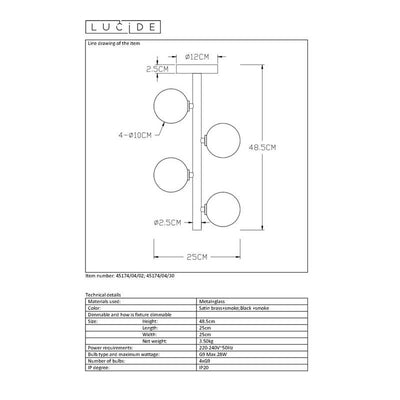 Lucide TYCHO LED ceiling light 4xG9 sockets 220-240V Ø25cm Sand Brass & Black Vintage Design