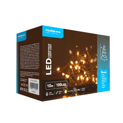 Modee LED Weihnachts-Lichterkette 100LED 10m Warmweiß 2550K IP44 Grünes Kabel mit Adapterstecker