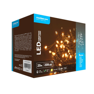 Modee LED Weihnachts-Lichterkette 200LED 20m Warmweiß mit Adapter IP44 Grünes Kabel