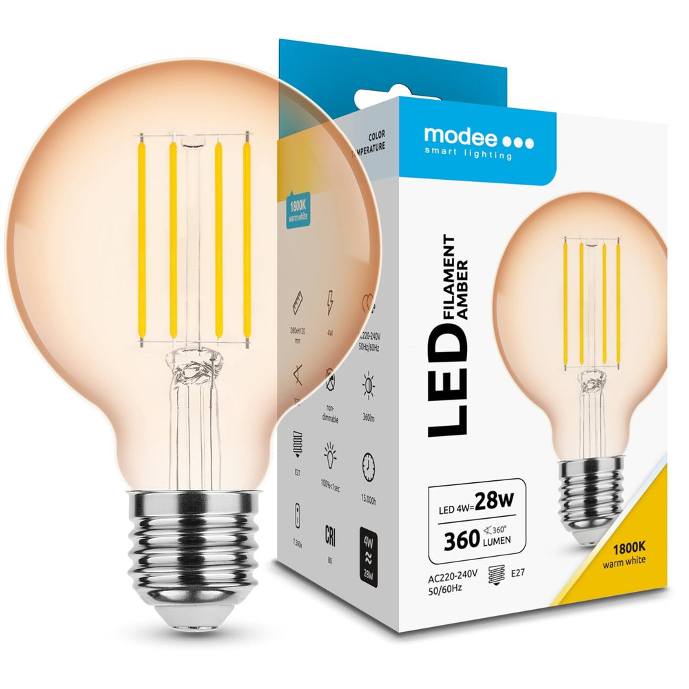 Modee LED Filament Amber Globe G80 4W E27 1800K 360 lumens 320° Glass Bulb Non-Dimmable