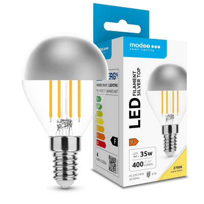 Modee LED Filamentlampe G45 Silver Top 4W E14 2700K 400 Lumen 320° Warmweiß Glas Chrom