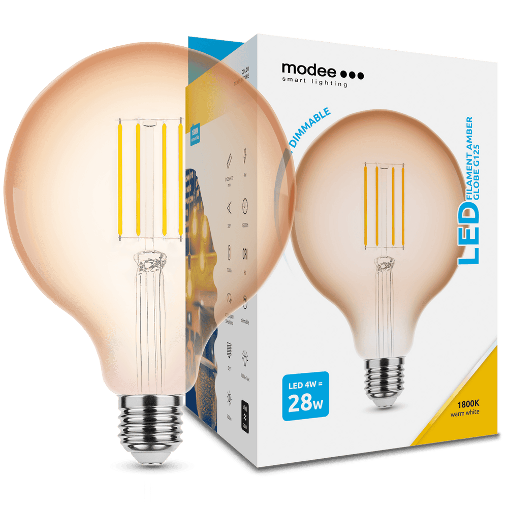 Modee LED Filament Globe G125 4W E27 Amber 1800K 300 Lumen 320° Dimmbar IP20