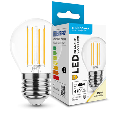 Modee LED Filament Globe Mini G45 4W E27 4000K 470 lumens 360° Glass Bulb Non Dimmable IP20