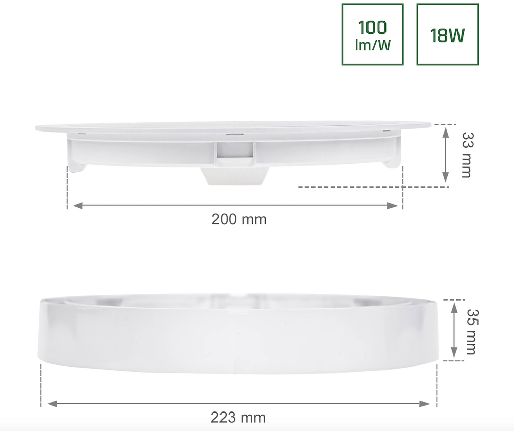 Spectrum LED ceiling light round 18W replaces 105W, 3000K, 2200 lumens, IP20, CRI >80, 110° beam angle