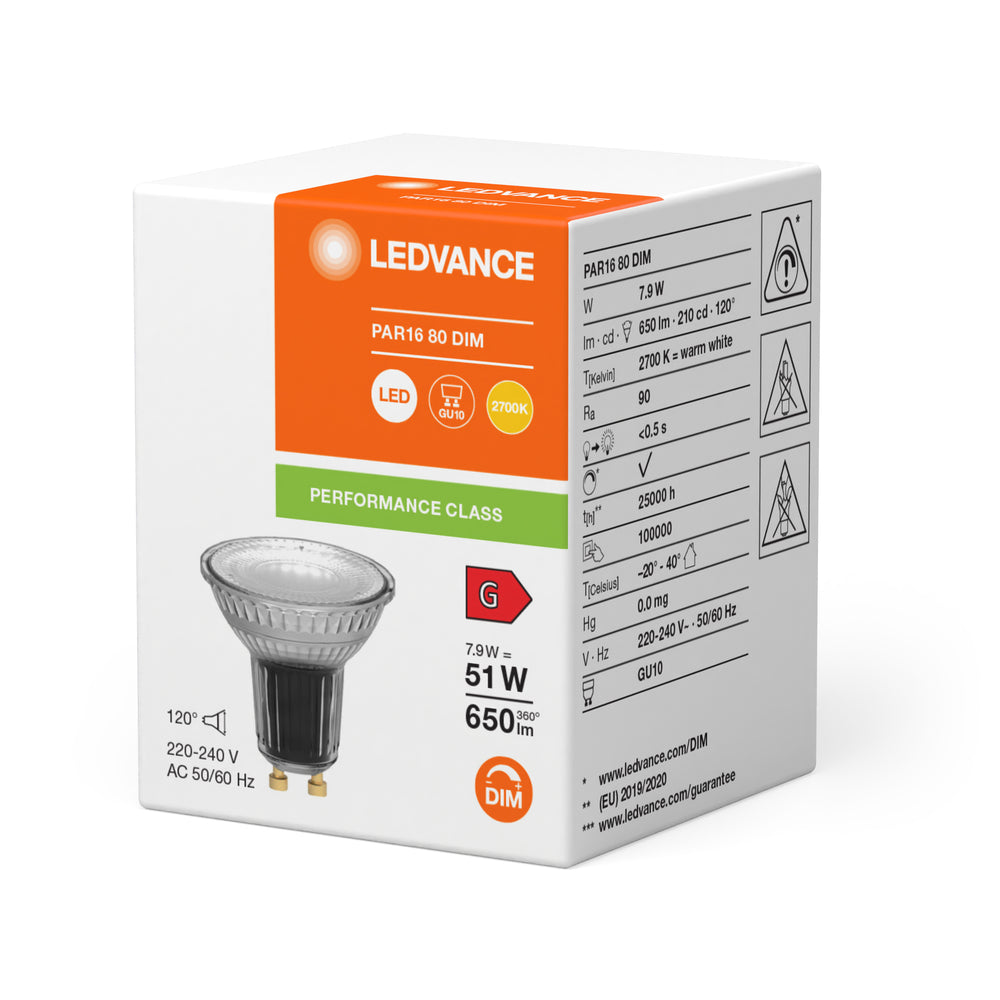 Performance LED Spot Reflector GU10 PAR16 7.9W 2700K 650 lumens 120D dimmable high CRI replaces 51W
