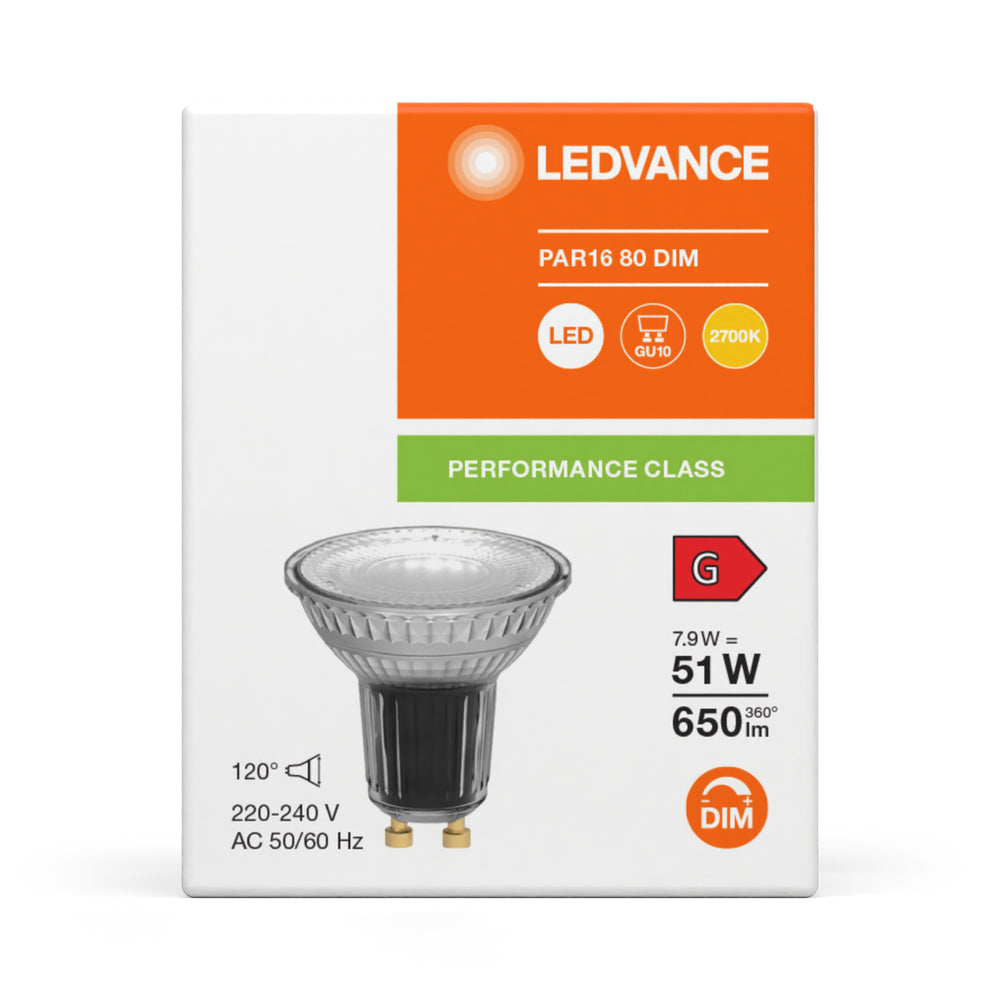 Performance LED Spot Reflektor GU10 PAR16 7.9W 2700K 650 Lumen 120° dimmbar hoher CRI ersetzt 51W