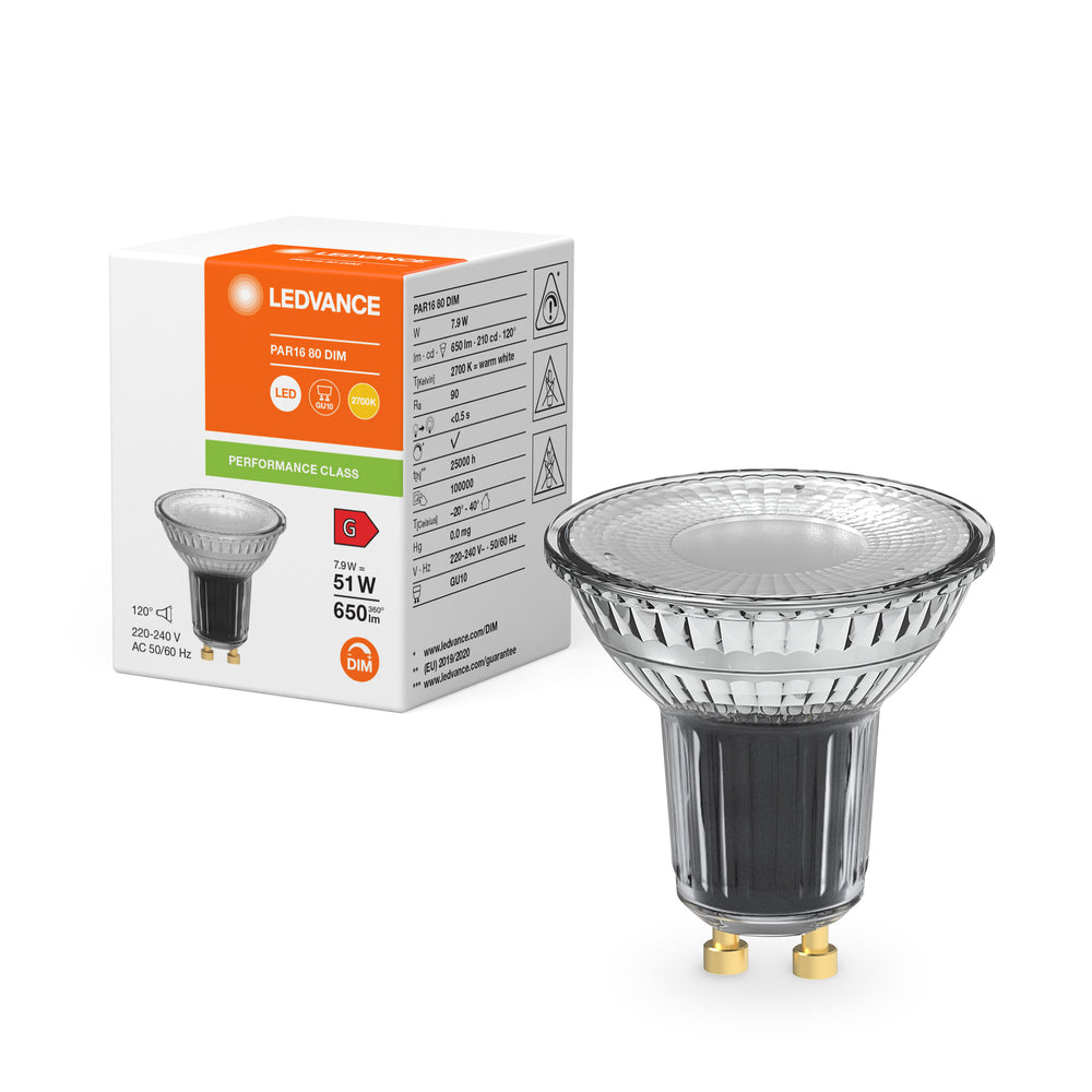 Performance LED Spot Reflector GU10 PAR16 7.9W 2700K 650 lumens 120D dimmable high CRI replaces 51W
