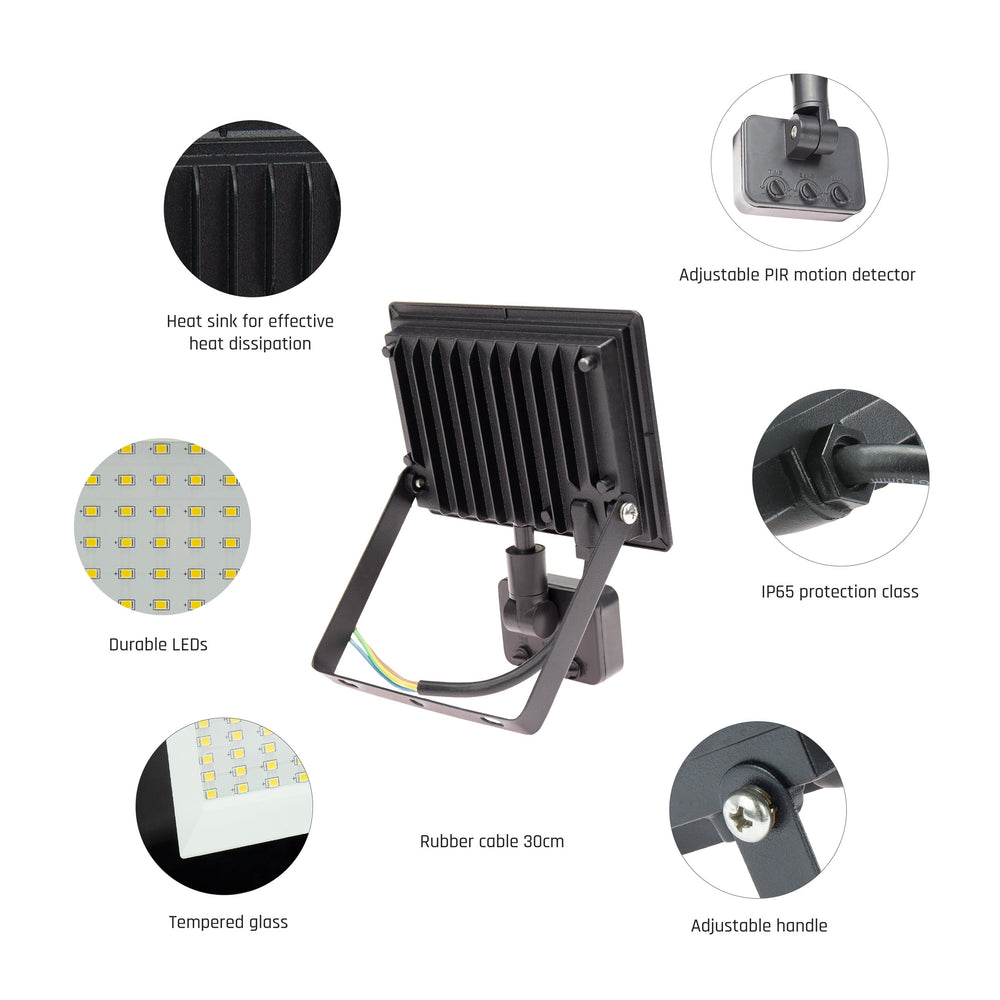 Spectrum NOCTIS LUX 3 LED floodlight 30W 6000K 230V IP44 Black with PIR sensor for outdoor lighting