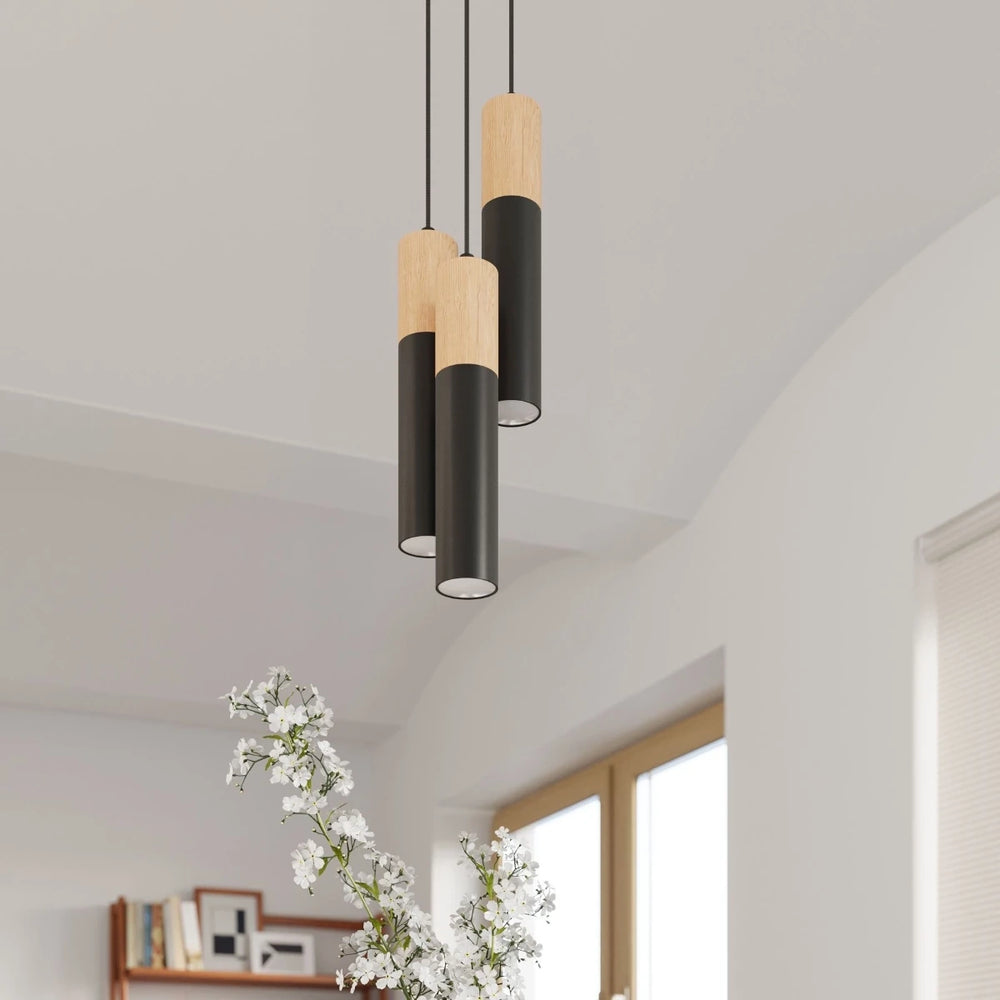 Sollux Lighting Pablo 3 Pendant Lamp, 3xGU10, 230V, IP20, Black and Natural Wood