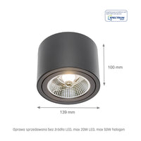 Spectrum CHLOE AR111 GU10 LED Deckenleuchte, IP20, rund verstellbares schwarzes Aluminiumgehäuse, 20W max 250V