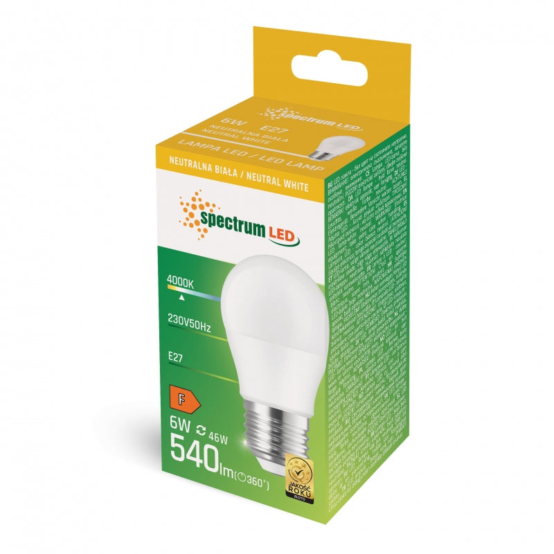 Spectrum LED Ball Bulb G45 E27 230V 6W 4000K Neutral White 540 lumens 160° Beam Non Dimmable