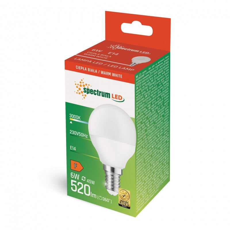 Spectrum LED Ball G45 E14 6W 3000K Warm White 520 lumens 230V non-dimmable indoor light bulb