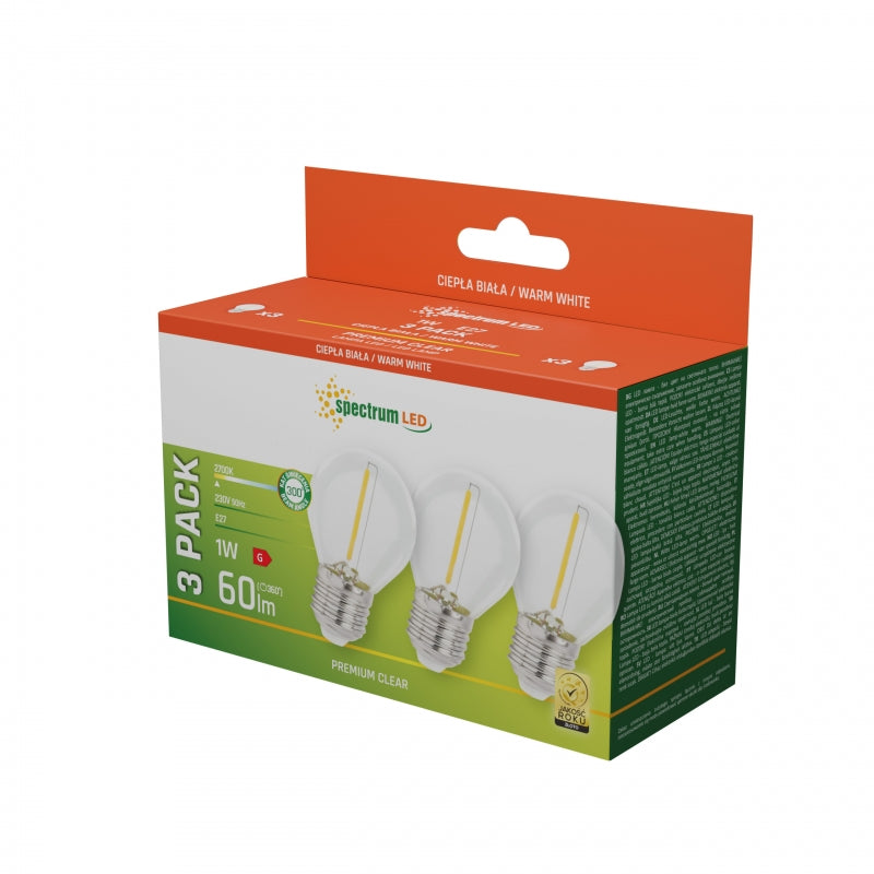 Spectrum LED E27 Glühbirne 1W 230V 2700K Warmweiß Klarglas 60 Lumen 300° Abstrahlwinkel 3er-Pack