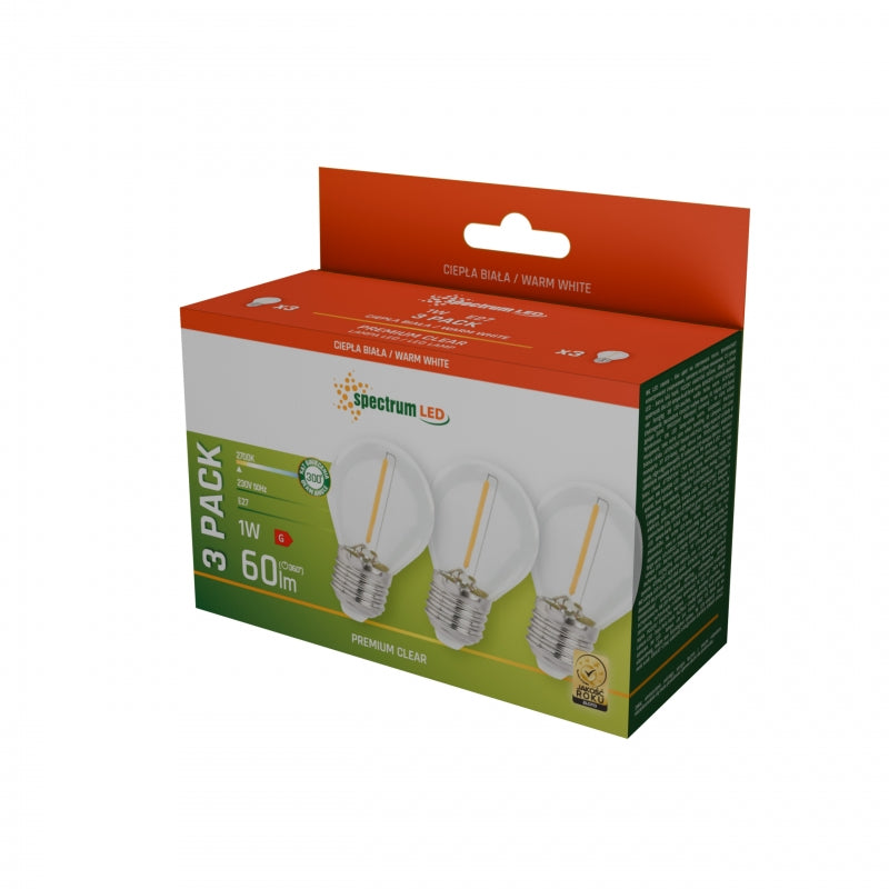 Spectrum LED E27 Glühbirne 1W 230V 2700K Warmweiß Klarglas 60 Lumen 300° Abstrahlwinkel 3er-Pack