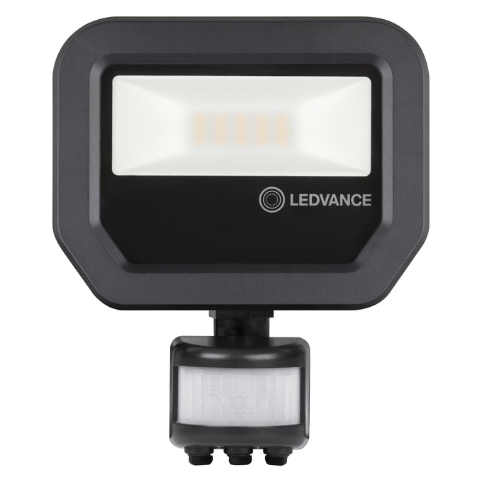 Ledvance LED Floodlight with Motion and Light Sensor, 10W 1100 lumens, 3000K Warm White, IP65 Black Housing