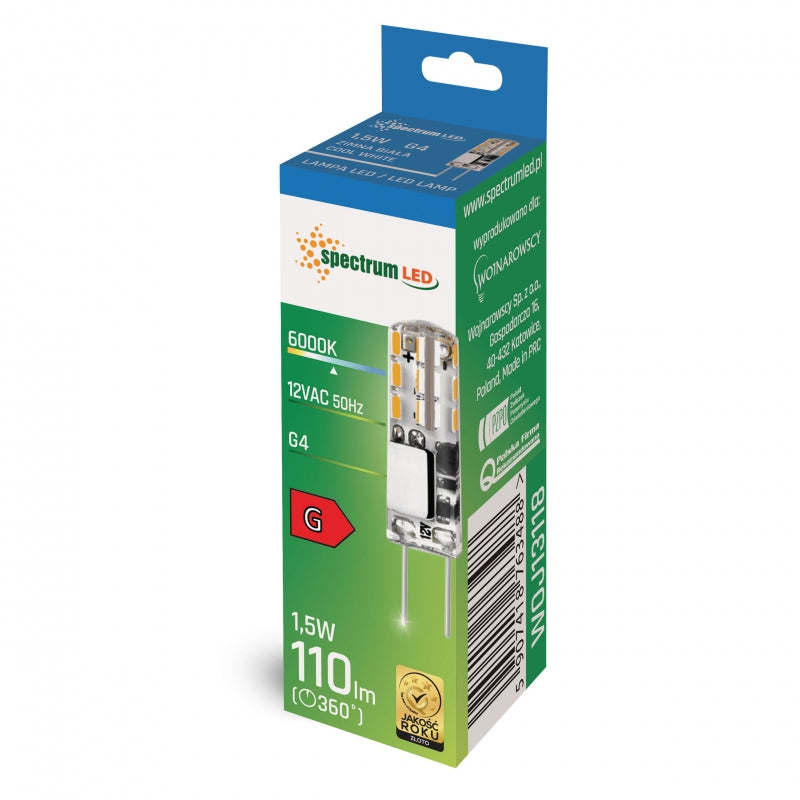 Spectrum LED G4 bulb 12V 1.5W 6000K cold white 110 lumens silicone cover 270° beam non-dimmable