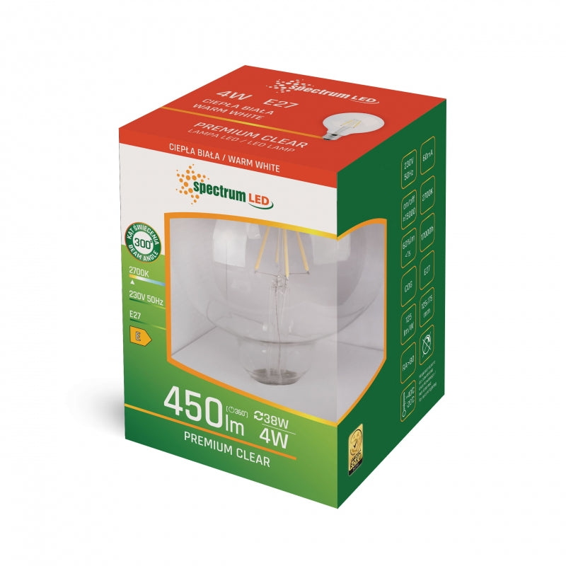 Spectrum LED Globe G95 COG Filament Lampe E27 230V 4W 2700K Warmweiß 450 Lumen Klarglas