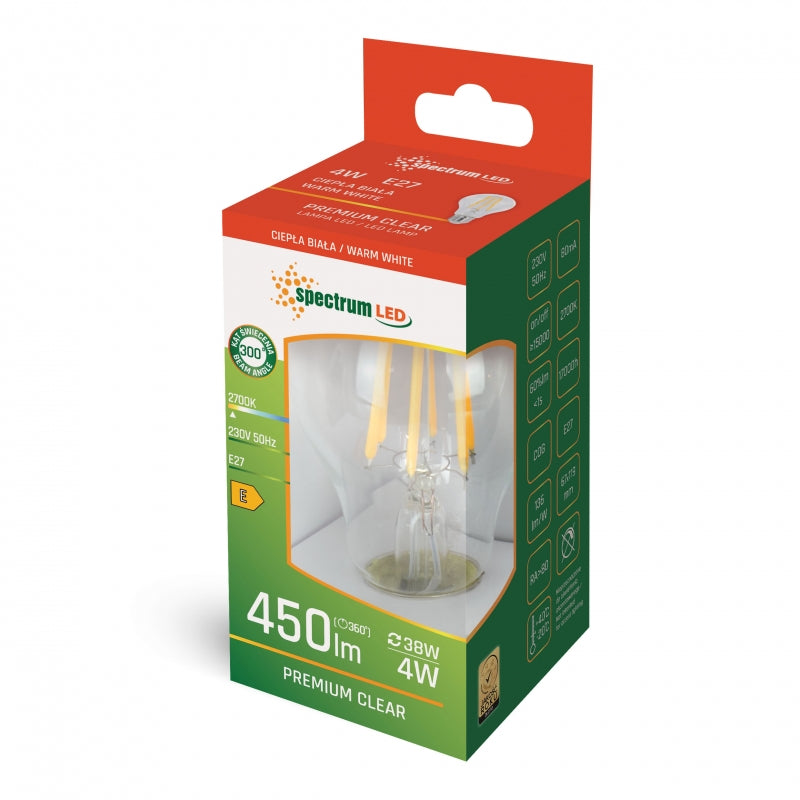 Spectrum LED GLS A60 Lampe E27 4W 2700K warmweiß Klarglas 450 Lumen 230V nicht dimmbar