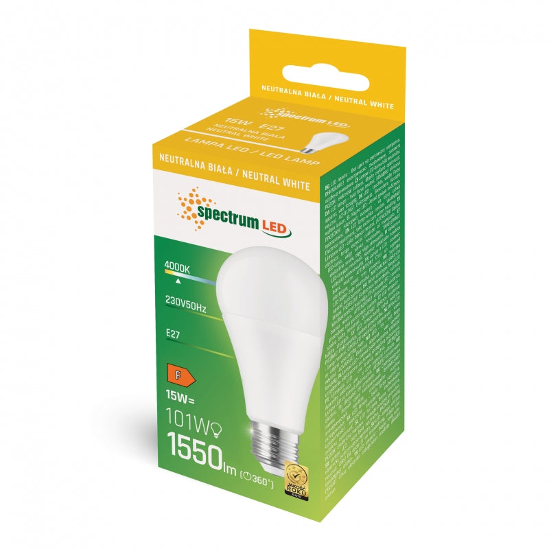 Spectrum LED GLS A65 Light Bulb E27 230V 15W 4000K Neutral White 1550 lumens 270° Beam