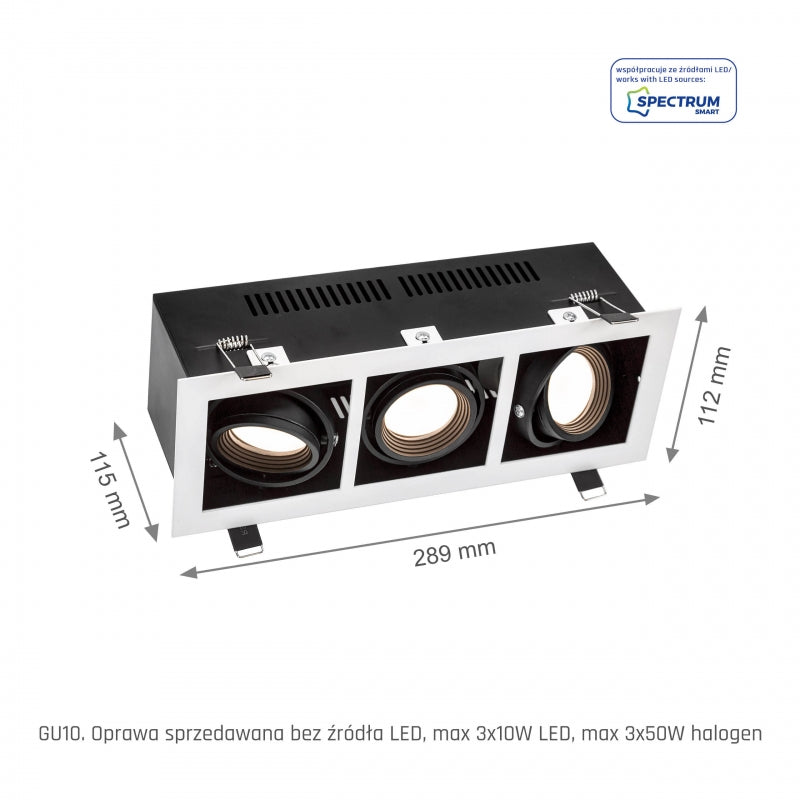 Spectrum LED Einbaurahmen für 3x GU10, Weißes Aluminiumgehäuse, 3x10W max, 250V, IP20 Innenbeleuchtung
