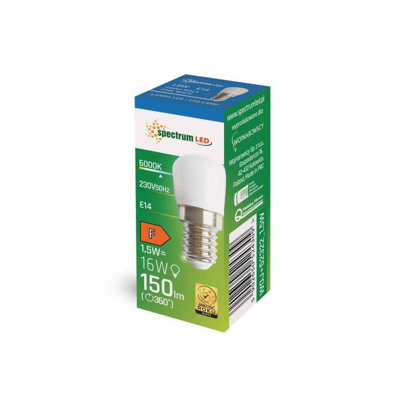 Spectrum LED T26 1.5W E14 230V 6000K cold white bulb 150 lumens, 120° beam, CRI 80 for indoor lighting