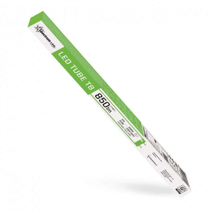 Spectrum LED Tube T8 8.5W 3000K Warm White G13 600mm Glass 850 lumens 230V 270° Indoor Lighting