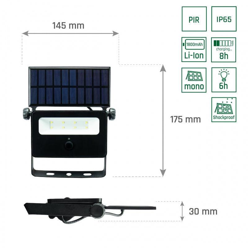Spectrum NOCTIS SOLARIS MINI LED floodlight 2W 6000K 200 lumens IP65 Black with PIR motion sensor solar powered