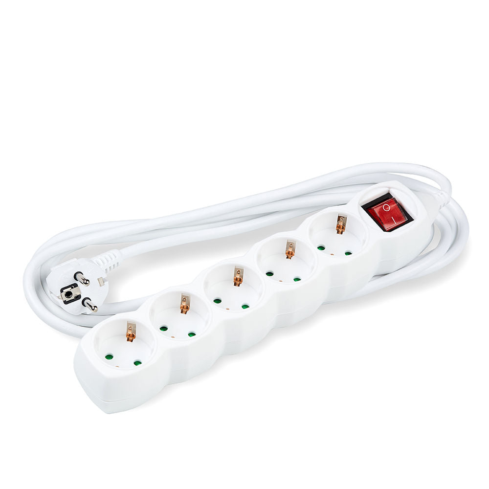 Technik 5-Way Extension Socket with 5m 1.5mm² Copper Cable, Switch, White, 16A Max 250V