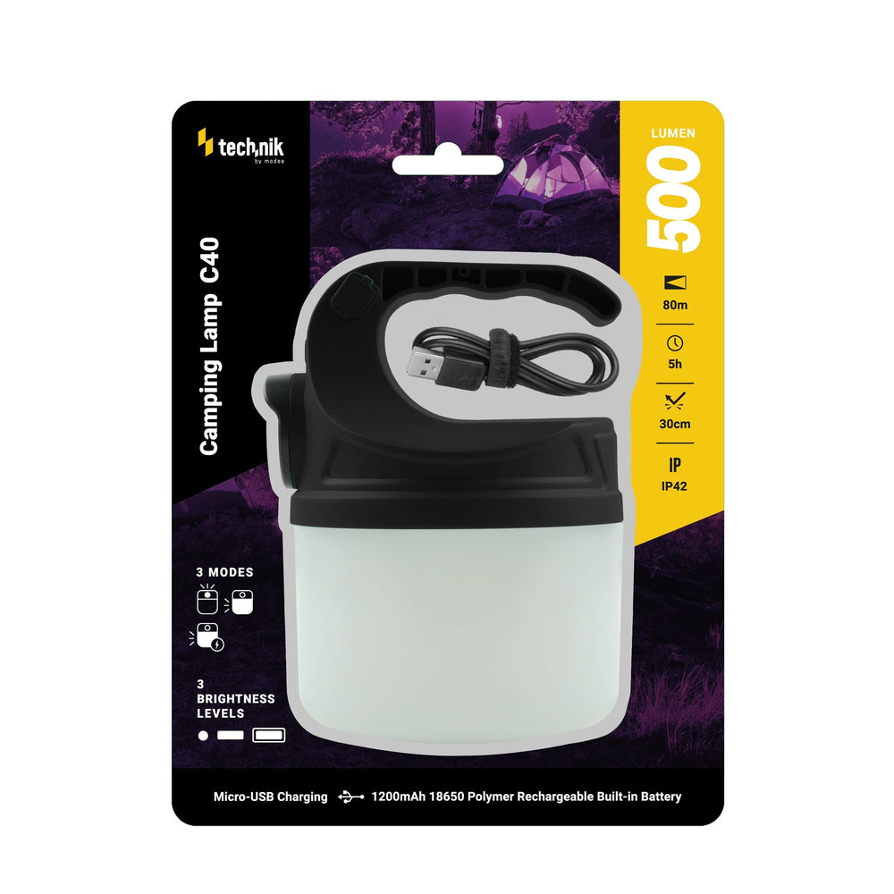 Technik Campinglampe C40 wiederaufladbare LED 500 Lumen Weiß IP44 mit USB-Ladung und 3 Helligkeitsstufen