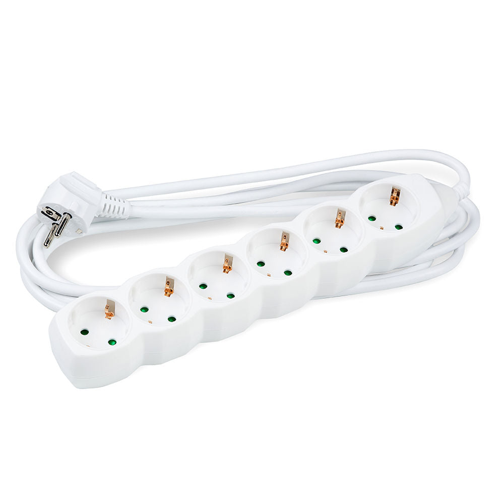 Technik extension socket 6-way, 5m copper cable 1.5mm², 16A 250V, White with child protection