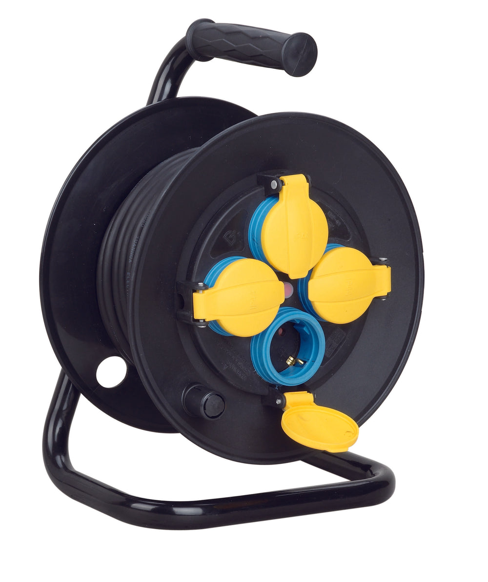 Technik industrial cable reel 50m H07RN-F 1.5mm2, 4 sockets, 16A load, IP44 for durable outdoor use