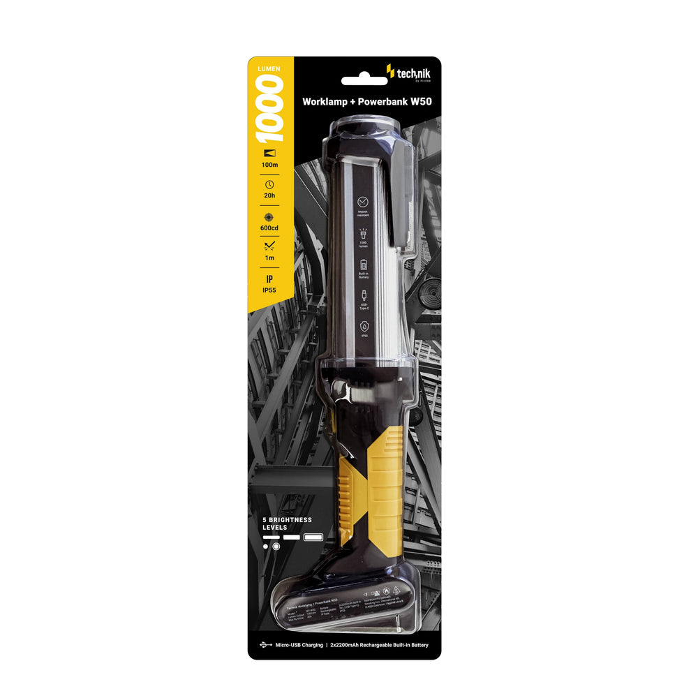 Technik LED Taschenlampe W50 COB+XPG 1000 Lumen Weiß IP55 mit USB Typ-C wiederaufladbarem Akku und Powerbank
