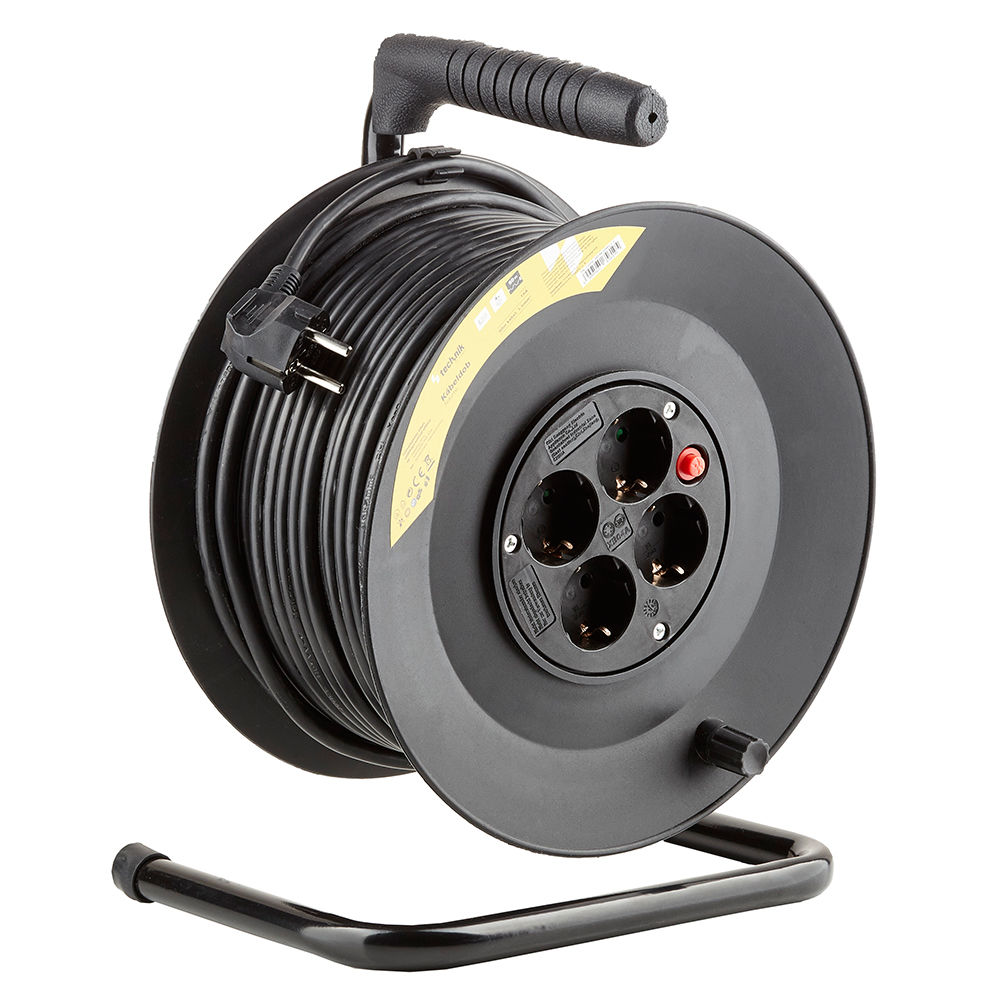 Technik Professional Kabeltrommel 50m 1.5mm² Schwarz 16A 4 Steckdosen mit Schalter Innen Außen