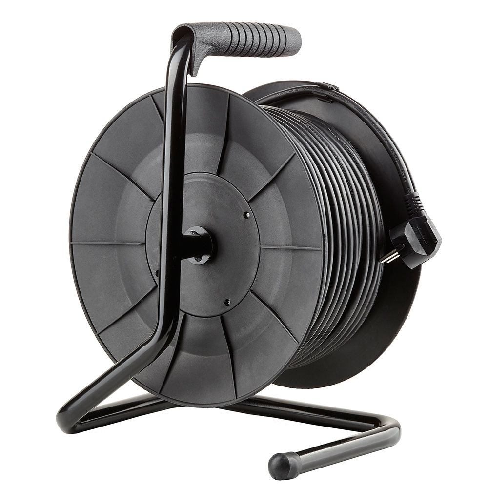 Technik Professional Kabeltrommel 50m 1.5mm² Schwarz 16A 4 Steckdosen mit Schalter Innen Außen