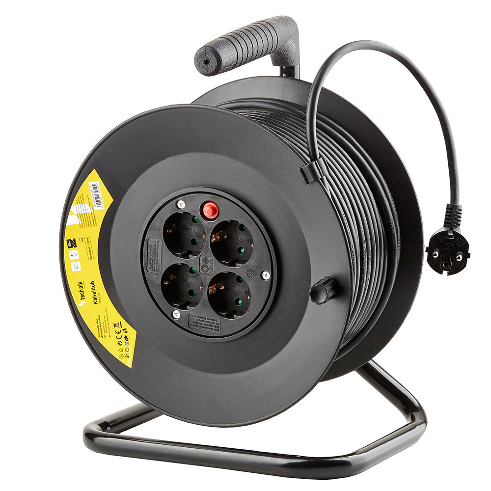 Technik Professional Kabeltrommel 50m 1.5mm² Schwarz 16A 4 Steckdosen mit Schalter Innen Außen