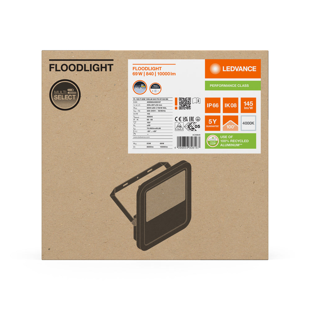 Ledvance LED Floodlight Black IP66 69W/53W 10000 lumens/8000 lumens Multi Lumen Switch 4000K Cool White CE RoHS