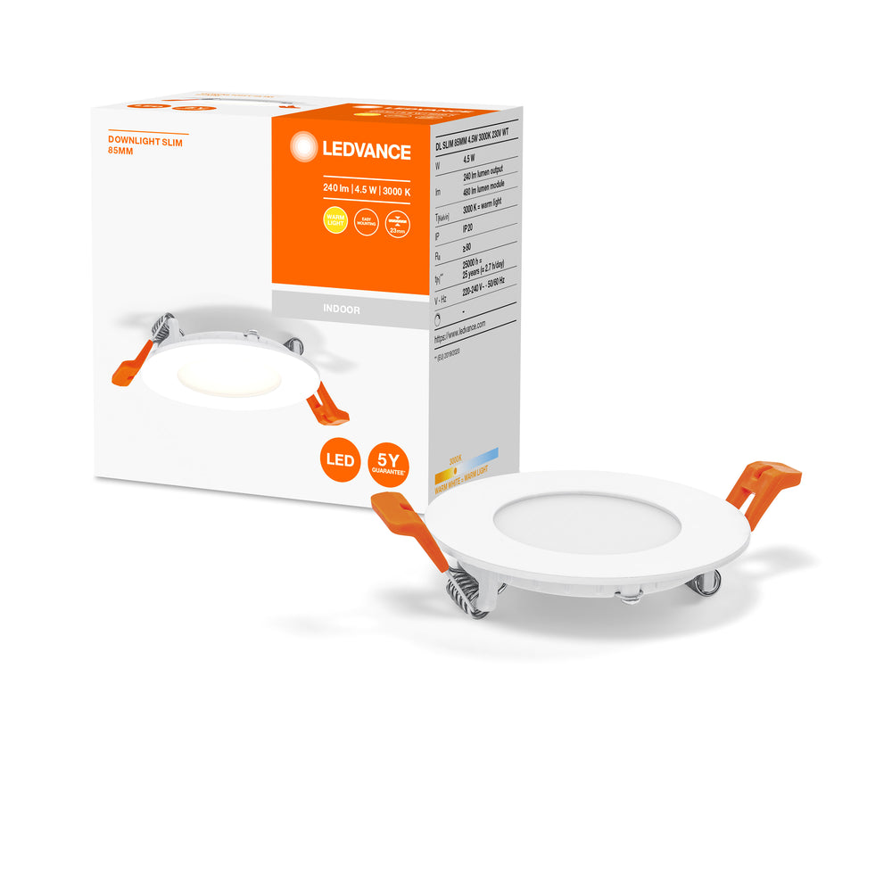 Ultra Slim LED Downlight White 4.5W 240 lumens 3000K warm white 85mm cutout 72mm 230V
